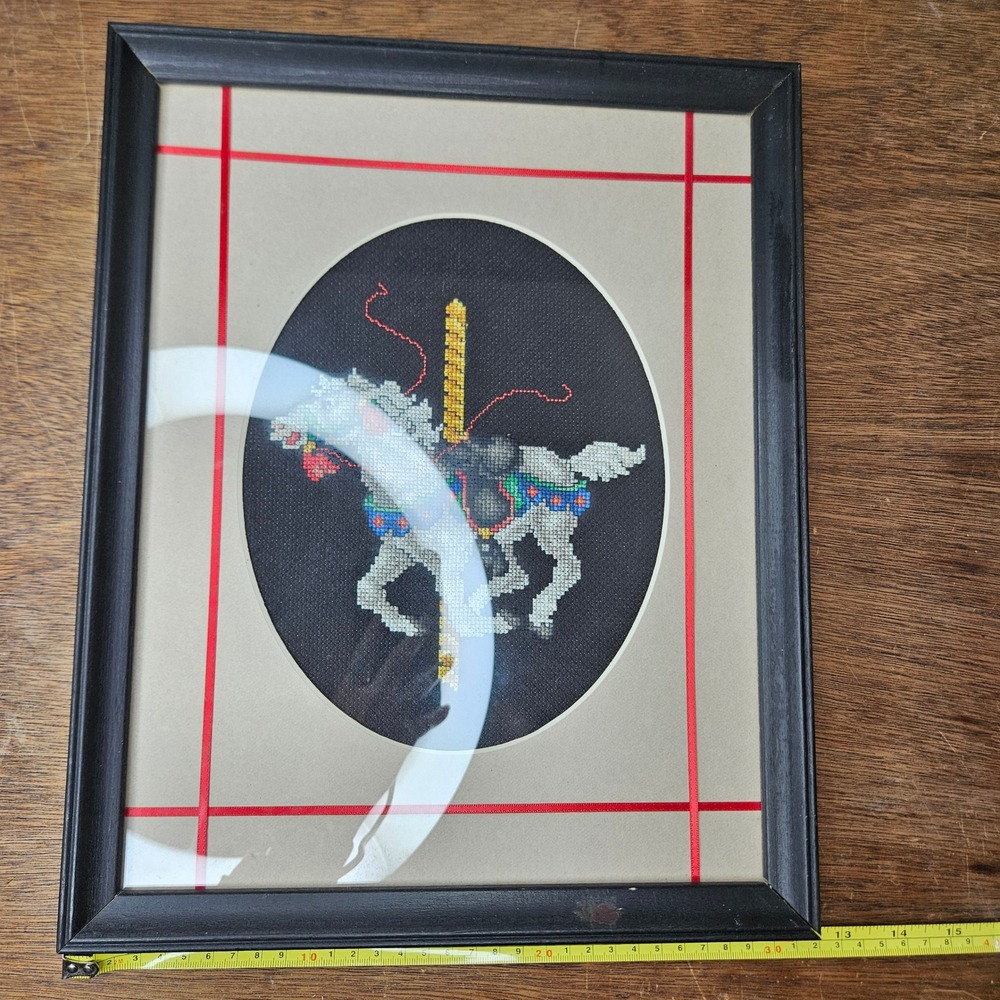 Vtg Carousel Horse Framed Cross‎ Stitch Wall Art Black Wood Frame 12.5x15.5